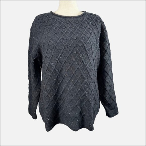Land’s End Chunky Diamond 3D Pom Pom Rollneck Black Tweed Knit Sweater (Size 2X) - Picture 2 of 12